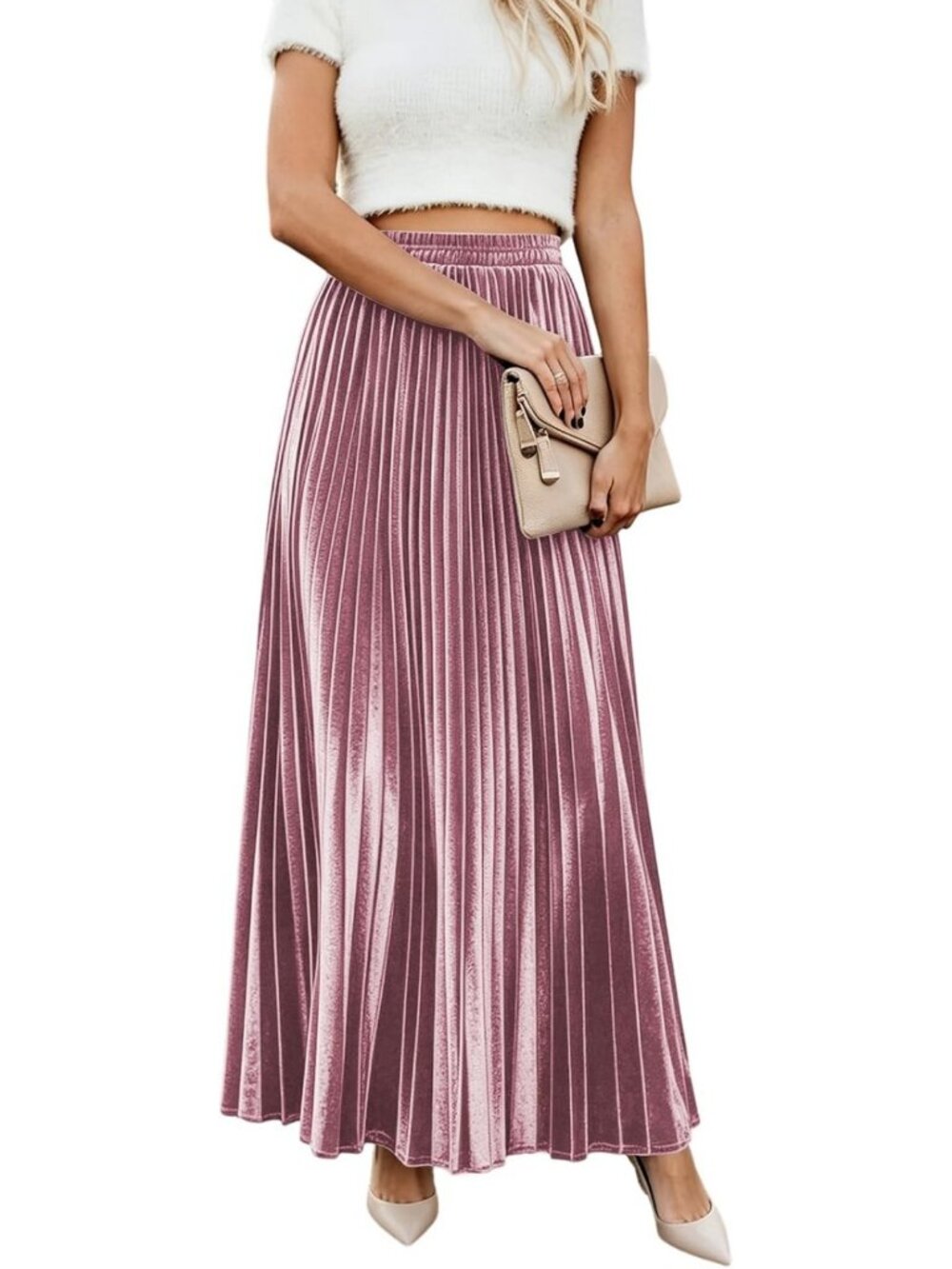 High Waist A-Line Pleated Metallic Velvet Maxi Skirt for Women - Elegant & Chic
